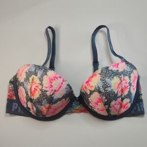 Victoria's Secret Floral Lace Blue w/ Pink Date Push Up Bra Size 34D / D75 Sexy